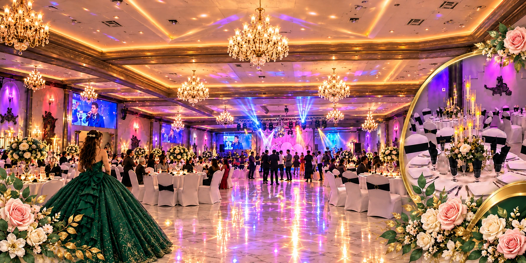 Decorative celebration artwork with chandeliers, flowers and golden party lighting